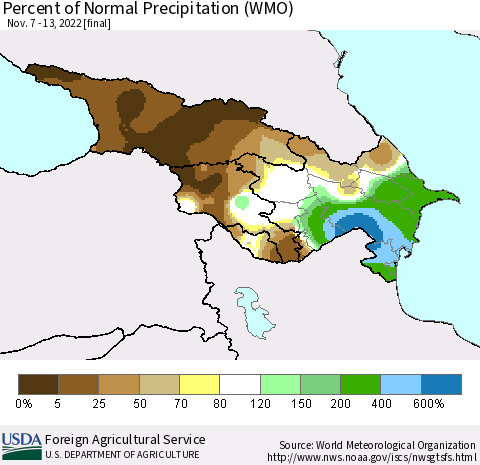 Azerbaijan, Armenia and Georgia Percent of Normal Precipitation (WMO) Thematic Map For 11/7/2022 - 11/13/2022