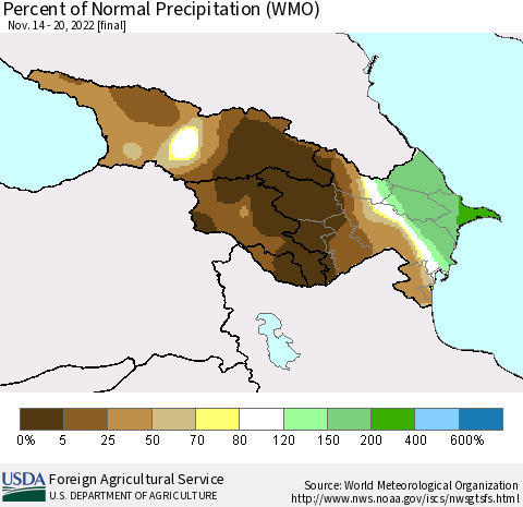Azerbaijan, Armenia and Georgia Percent of Normal Precipitation (WMO) Thematic Map For 11/14/2022 - 11/20/2022