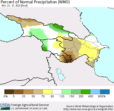 Azerbaijan, Armenia and Georgia Percent of Normal Precipitation (WMO) Thematic Map For 11/21/2022 - 11/27/2022