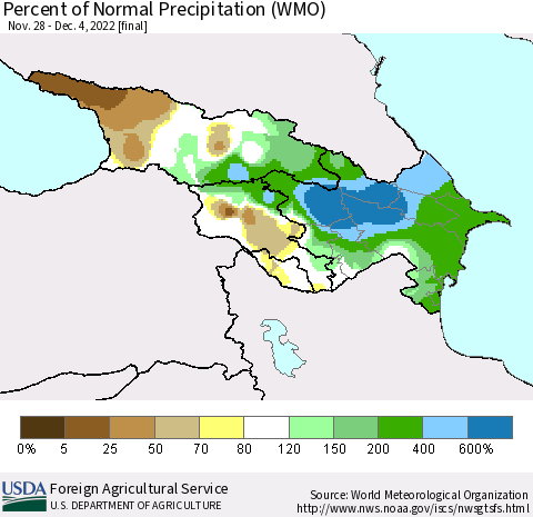 Azerbaijan, Armenia and Georgia Percent of Normal Precipitation (WMO) Thematic Map For 11/28/2022 - 12/4/2022