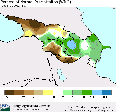 Azerbaijan, Armenia and Georgia Percent of Normal Precipitation (WMO) Thematic Map For 12/5/2022 - 12/11/2022