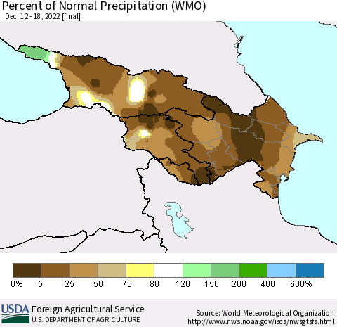 Azerbaijan, Armenia and Georgia Percent of Normal Precipitation (WMO) Thematic Map For 12/12/2022 - 12/18/2022