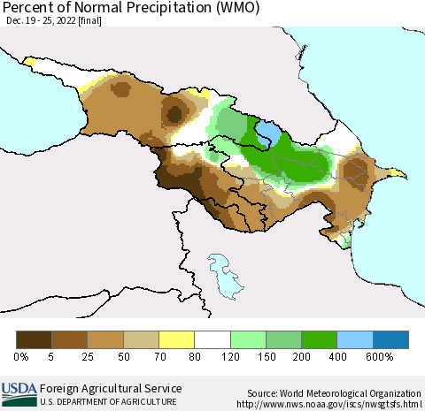 Azerbaijan, Armenia and Georgia Percent of Normal Precipitation (WMO) Thematic Map For 12/19/2022 - 12/25/2022