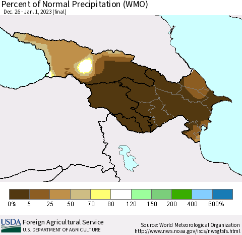 Azerbaijan, Armenia and Georgia Percent of Normal Precipitation (WMO) Thematic Map For 12/26/2022 - 1/1/2023