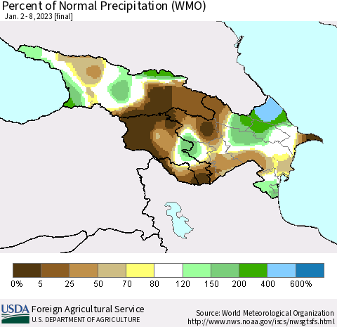 Azerbaijan, Armenia and Georgia Percent of Normal Precipitation (WMO) Thematic Map For 1/2/2023 - 1/8/2023