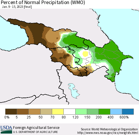 Azerbaijan, Armenia and Georgia Percent of Normal Precipitation (WMO) Thematic Map For 1/9/2023 - 1/15/2023