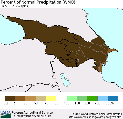 Azerbaijan, Armenia and Georgia Percent of Normal Precipitation (WMO) Thematic Map For 1/16/2023 - 1/22/2023