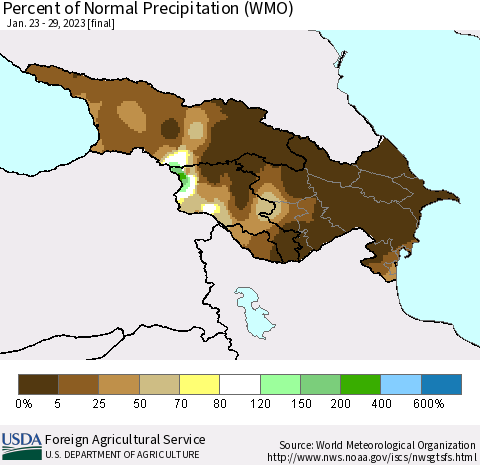 Azerbaijan, Armenia and Georgia Percent of Normal Precipitation (WMO) Thematic Map For 1/23/2023 - 1/29/2023