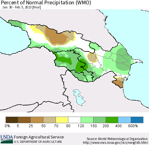 Azerbaijan, Armenia and Georgia Percent of Normal Precipitation (WMO) Thematic Map For 1/30/2023 - 2/5/2023