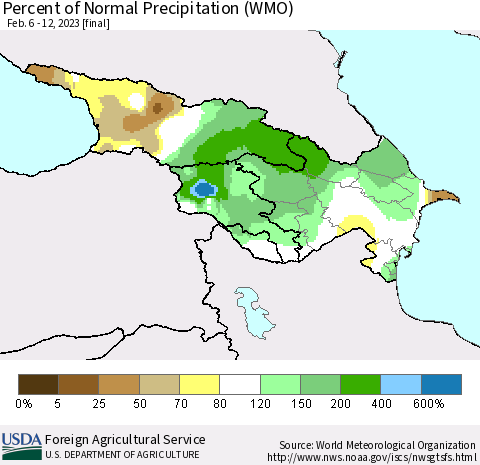 Azerbaijan, Armenia and Georgia Percent of Normal Precipitation (WMO) Thematic Map For 2/6/2023 - 2/12/2023