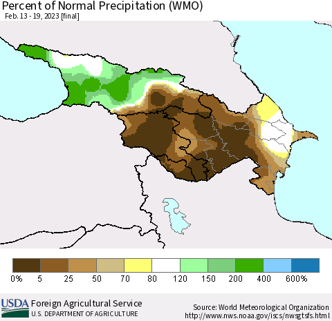 Azerbaijan, Armenia and Georgia Percent of Normal Precipitation (WMO) Thematic Map For 2/13/2023 - 2/19/2023