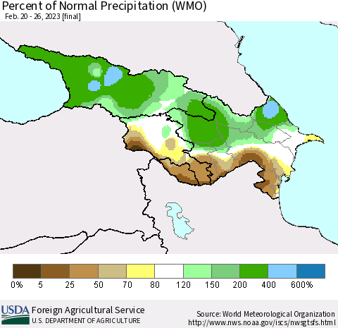 Azerbaijan, Armenia and Georgia Percent of Normal Precipitation (WMO) Thematic Map For 2/20/2023 - 2/26/2023
