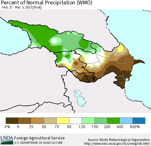 Azerbaijan, Armenia and Georgia Percent of Normal Precipitation (WMO) Thematic Map For 2/27/2023 - 3/5/2023