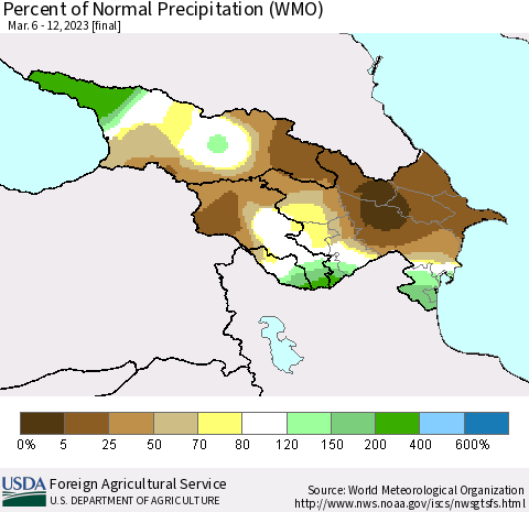Azerbaijan, Armenia and Georgia Percent of Normal Precipitation (WMO) Thematic Map For 3/6/2023 - 3/12/2023