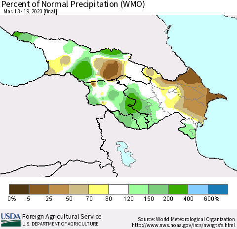 Azerbaijan, Armenia and Georgia Percent of Normal Precipitation (WMO) Thematic Map For 3/13/2023 - 3/19/2023