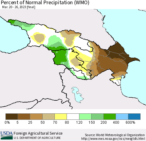 Azerbaijan, Armenia and Georgia Percent of Normal Precipitation (WMO) Thematic Map For 3/20/2023 - 3/26/2023