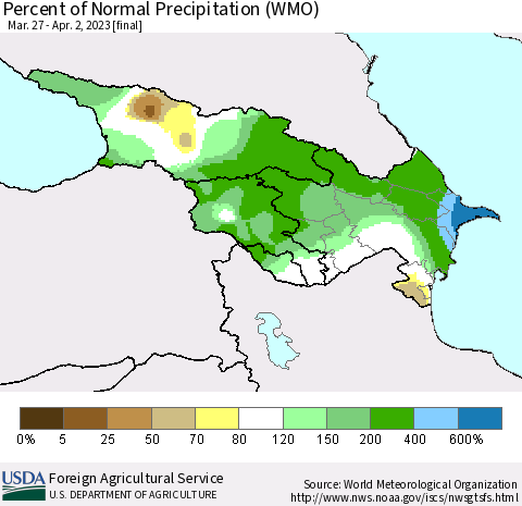 Azerbaijan, Armenia and Georgia Percent of Normal Precipitation (WMO) Thematic Map For 3/27/2023 - 4/2/2023