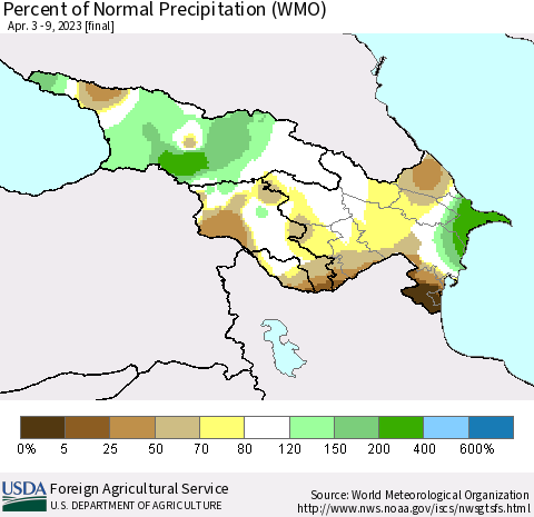 Azerbaijan, Armenia and Georgia Percent of Normal Precipitation (WMO) Thematic Map For 4/3/2023 - 4/9/2023