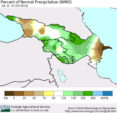 Azerbaijan, Armenia and Georgia Percent of Normal Precipitation (WMO) Thematic Map For 4/10/2023 - 4/16/2023