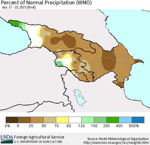Azerbaijan, Armenia and Georgia Percent of Normal Precipitation (WMO) Thematic Map For 4/17/2023 - 4/23/2023