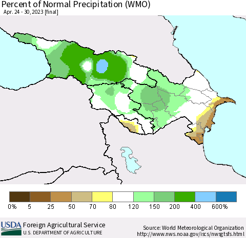 Azerbaijan, Armenia and Georgia Percent of Normal Precipitation (WMO) Thematic Map For 4/24/2023 - 4/30/2023