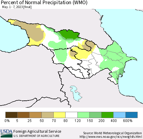 Azerbaijan, Armenia and Georgia Percent of Normal Precipitation (WMO) Thematic Map For 5/1/2023 - 5/7/2023