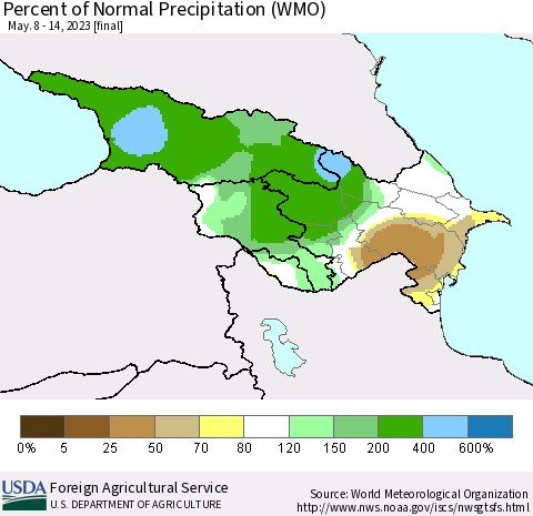 Azerbaijan, Armenia and Georgia Percent of Normal Precipitation (WMO) Thematic Map For 5/8/2023 - 5/14/2023