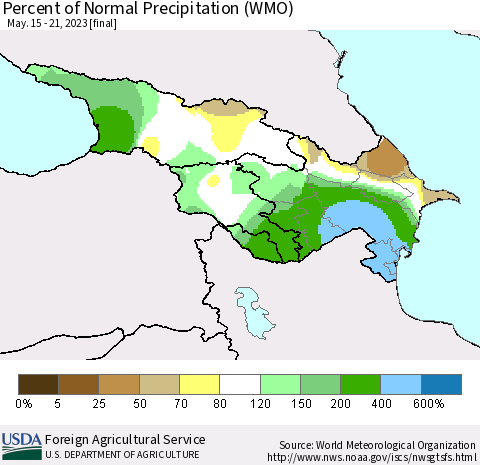 Azerbaijan, Armenia and Georgia Percent of Normal Precipitation (WMO) Thematic Map For 5/15/2023 - 5/21/2023