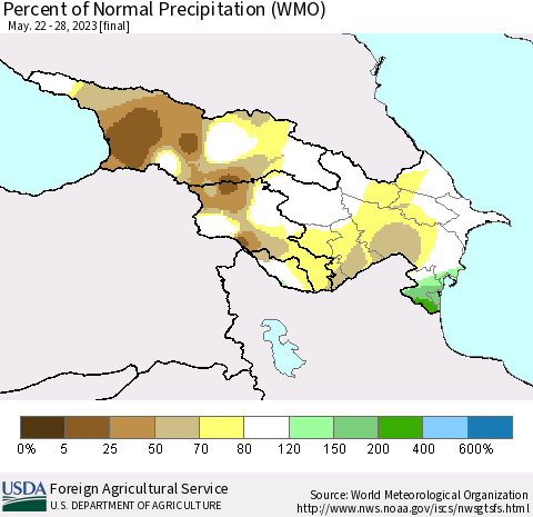 Azerbaijan, Armenia and Georgia Percent of Normal Precipitation (WMO) Thematic Map For 5/22/2023 - 5/28/2023