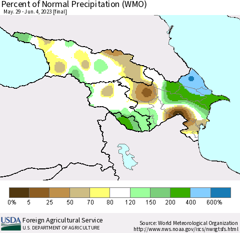 Azerbaijan, Armenia and Georgia Percent of Normal Precipitation (WMO) Thematic Map For 5/29/2023 - 6/4/2023