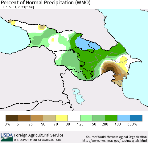 Azerbaijan, Armenia and Georgia Percent of Normal Precipitation (WMO) Thematic Map For 6/5/2023 - 6/11/2023