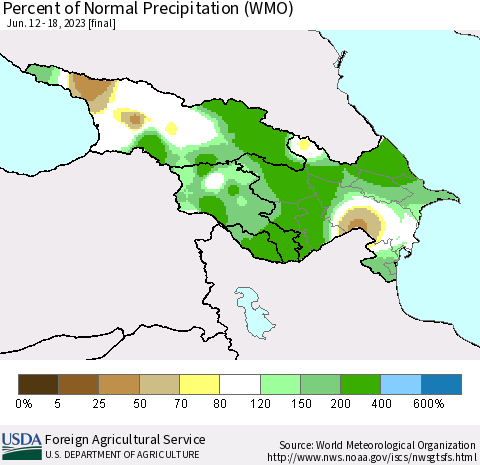 Azerbaijan, Armenia and Georgia Percent of Normal Precipitation (WMO) Thematic Map For 6/12/2023 - 6/18/2023