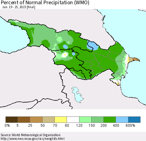 Azerbaijan, Armenia and Georgia Percent of Normal Precipitation (WMO) Thematic Map For 6/19/2023 - 6/25/2023
