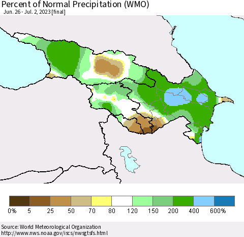 Azerbaijan, Armenia and Georgia Percent of Normal Precipitation (WMO) Thematic Map For 6/26/2023 - 7/2/2023