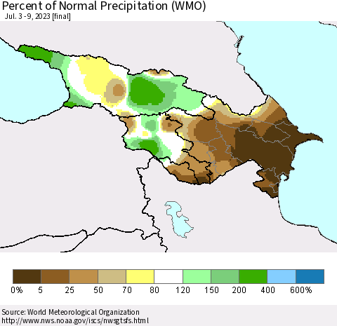 Azerbaijan, Armenia and Georgia Percent of Normal Precipitation (WMO) Thematic Map For 7/3/2023 - 7/9/2023