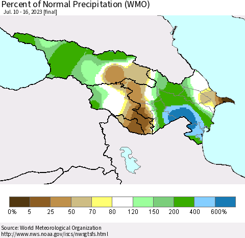 Azerbaijan, Armenia and Georgia Percent of Normal Precipitation (WMO) Thematic Map For 7/10/2023 - 7/16/2023