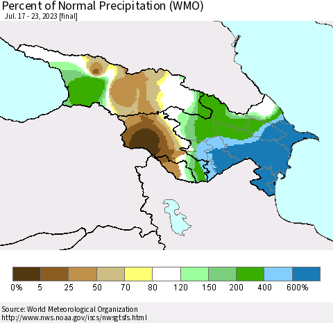 Azerbaijan, Armenia and Georgia Percent of Normal Precipitation (WMO) Thematic Map For 7/17/2023 - 7/23/2023