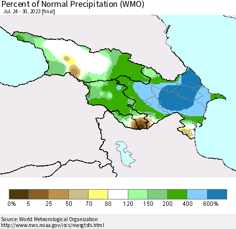 Azerbaijan, Armenia and Georgia Percent of Normal Precipitation (WMO) Thematic Map For 7/24/2023 - 7/30/2023