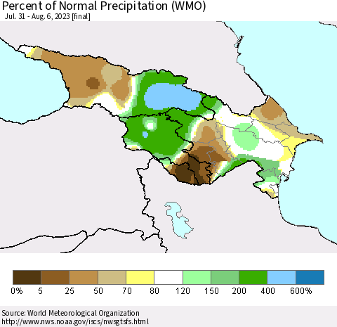 Azerbaijan, Armenia and Georgia Percent of Normal Precipitation (WMO) Thematic Map For 7/31/2023 - 8/6/2023