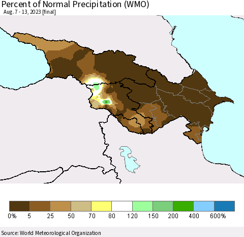 Azerbaijan, Armenia and Georgia Percent of Normal Precipitation (WMO) Thematic Map For 8/7/2023 - 8/13/2023