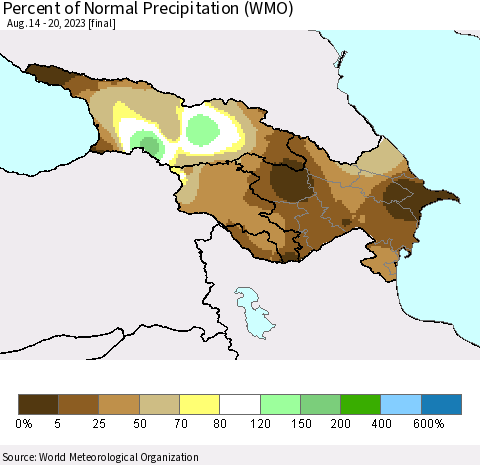 Azerbaijan, Armenia and Georgia Percent of Normal Precipitation (WMO) Thematic Map For 8/14/2023 - 8/20/2023