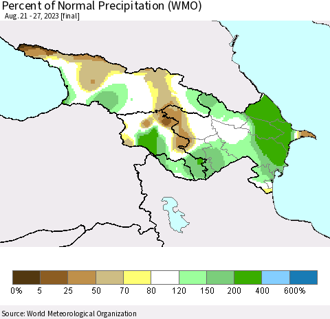 Azerbaijan, Armenia and Georgia Percent of Normal Precipitation (WMO) Thematic Map For 8/21/2023 - 8/27/2023