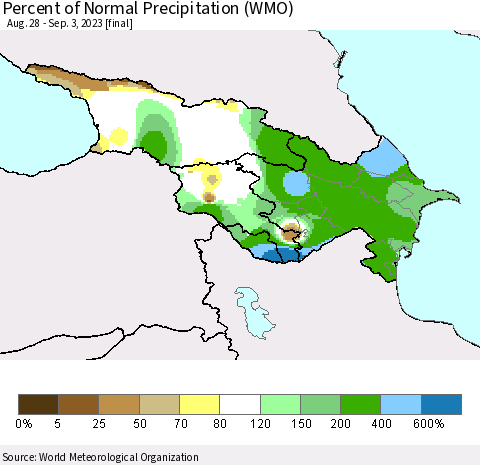 Azerbaijan, Armenia and Georgia Percent of Normal Precipitation (WMO) Thematic Map For 8/28/2023 - 9/3/2023