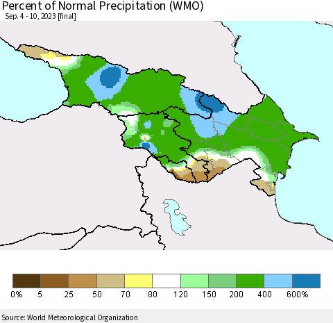 Azerbaijan, Armenia and Georgia Percent of Normal Precipitation (WMO) Thematic Map For 9/4/2023 - 9/10/2023