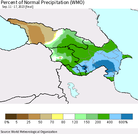 Azerbaijan, Armenia and Georgia Percent of Normal Precipitation (WMO) Thematic Map For 9/11/2023 - 9/17/2023