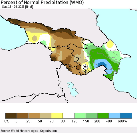 Azerbaijan, Armenia and Georgia Percent of Normal Precipitation (WMO) Thematic Map For 9/18/2023 - 9/24/2023