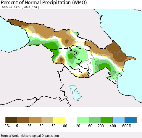 Azerbaijan, Armenia and Georgia Percent of Normal Precipitation (WMO) Thematic Map For 9/25/2023 - 10/1/2023