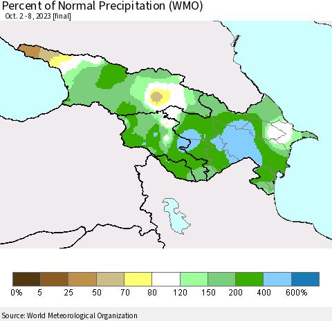 Azerbaijan, Armenia and Georgia Percent of Normal Precipitation (WMO) Thematic Map For 10/2/2023 - 10/8/2023