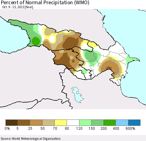 Azerbaijan, Armenia and Georgia Percent of Normal Precipitation (WMO) Thematic Map For 10/9/2023 - 10/15/2023