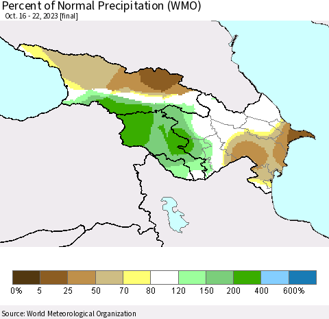 Azerbaijan, Armenia and Georgia Percent of Normal Precipitation (WMO) Thematic Map For 10/16/2023 - 10/22/2023